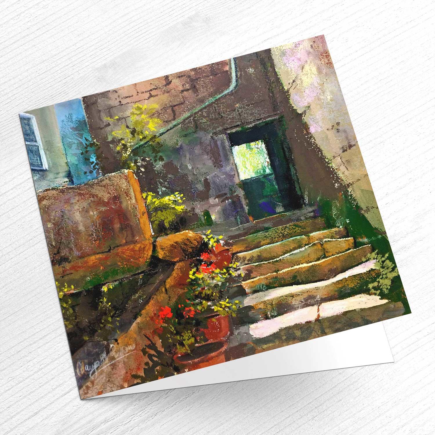 Le Vieux Couvent Stairway Greeting Card from an original painting by artist Margaret Evans