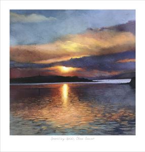 Sparkling Golds, Oban Sunset Art Print from an original painting by artist Margaret Evans