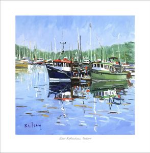 Boat Reflections, Tarbert Art Print from an original painting by artist Robert Kelsey