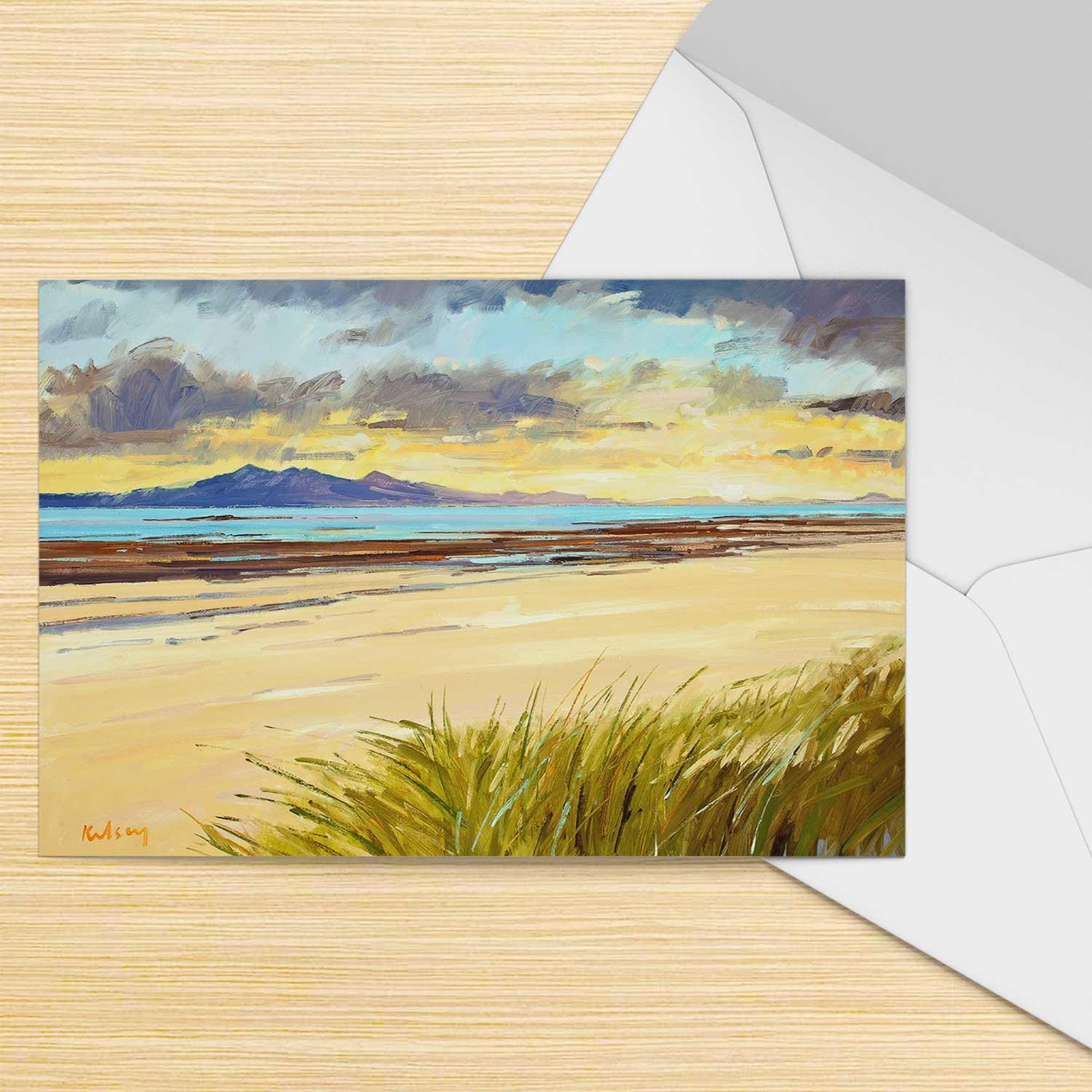 Arran Sunset Greeting Card from an original painting by artist Robert Kelsey