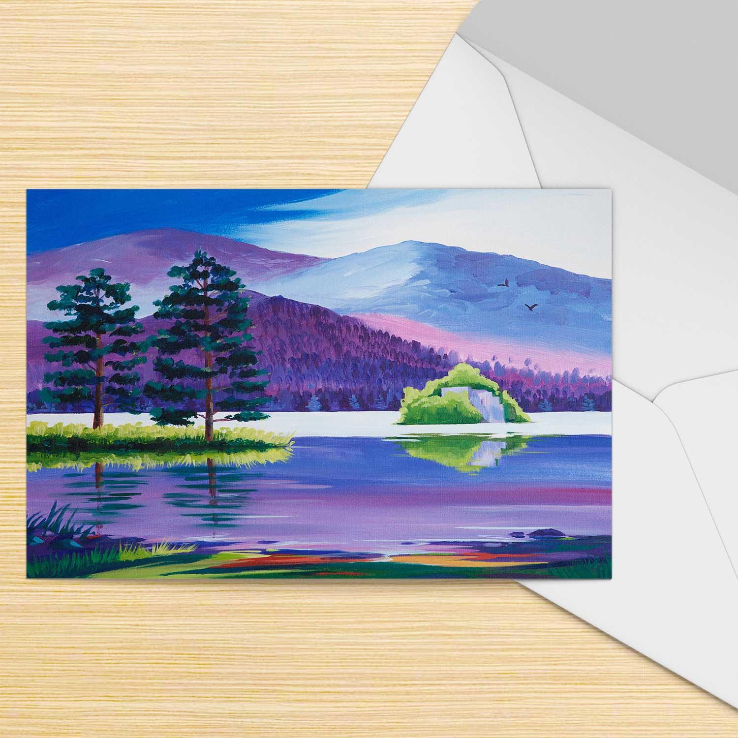 Purple Hues, Loch an Eilein Greeting Card from an original painting by artist Ann Vastano