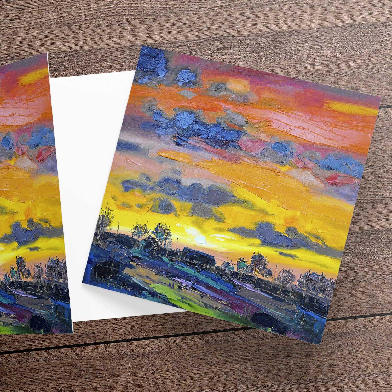 Red Sky at Night, Cumbria Greeting Card from an original painting by artist Judith I Bridgland