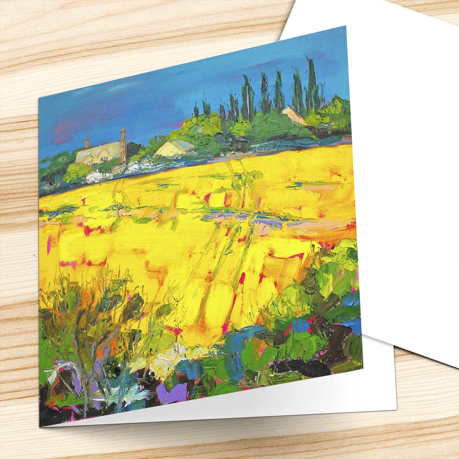 Yellow Fields with White House, Warwickshire Greeting Card from an original painting by artist Judith I Bridgland