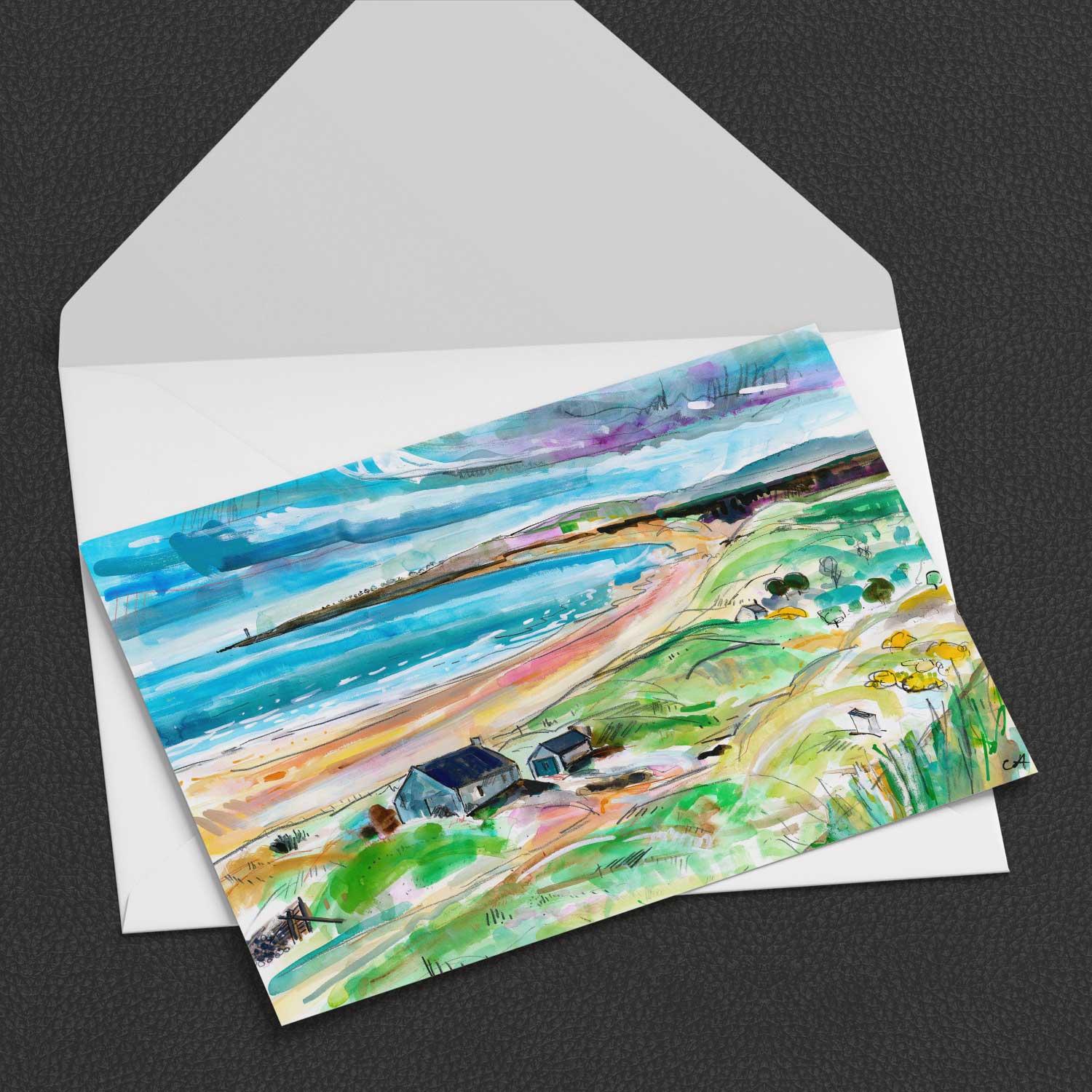 Salmon Bothies, St. Cyrus Greeting Card from an original painting by artist Clare Arbuthnott