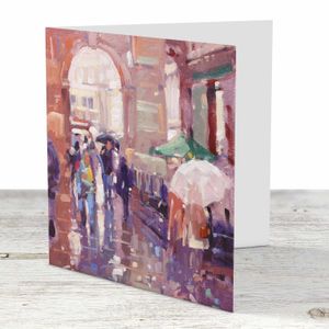 Wet Pavements Glasgow Greeting Card from an original painting by artist Peter Foyle