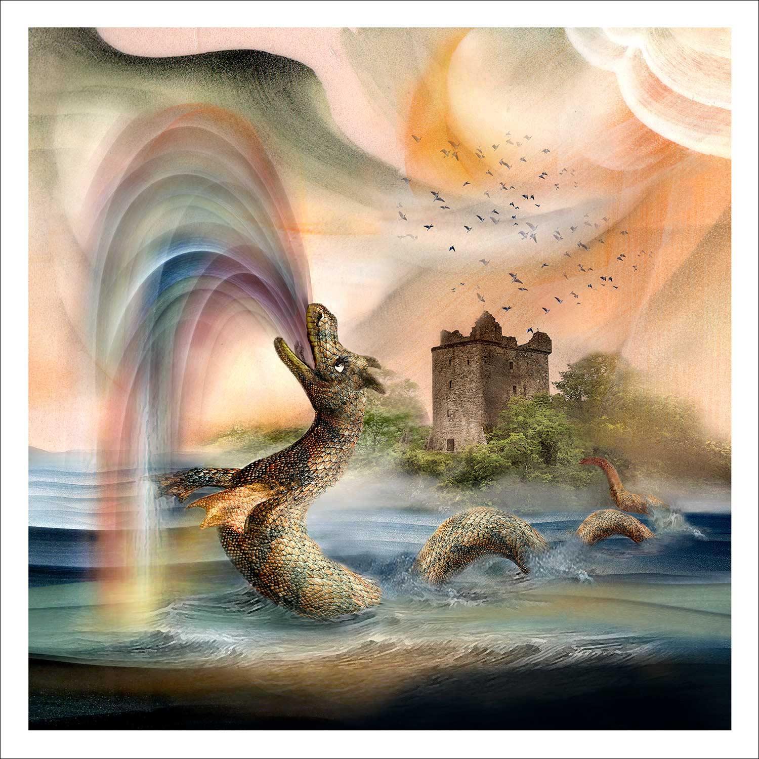 Nessie visits Urquhart Castle Art Print from an original painting by artist Esther Cohen