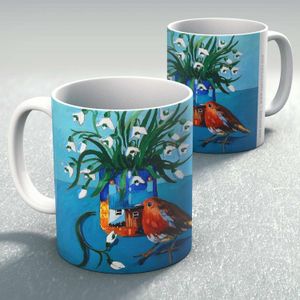 Snowdrops and Robin Ceramic Mug by Ann Vastano