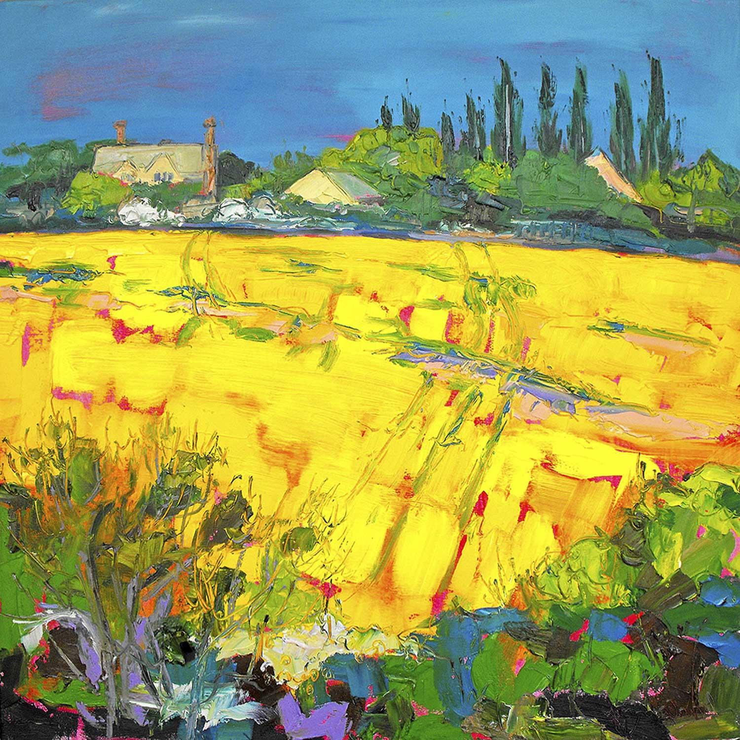 Yellow Fields with White House, Warwickshire by Judith I Bridgland