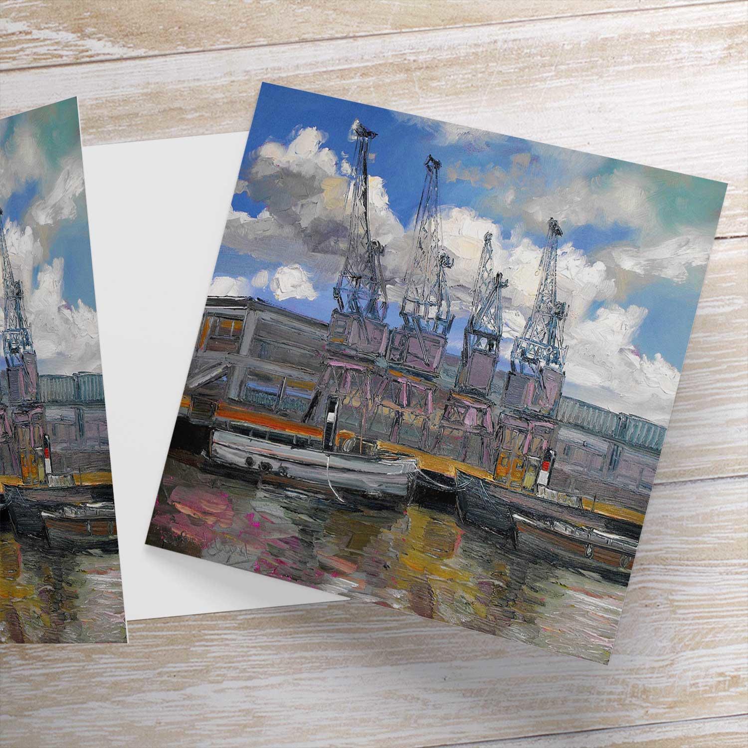 Cranes by the Waterfront, Bristol Greeting Card from an original painting by artist Judith I Bridgland