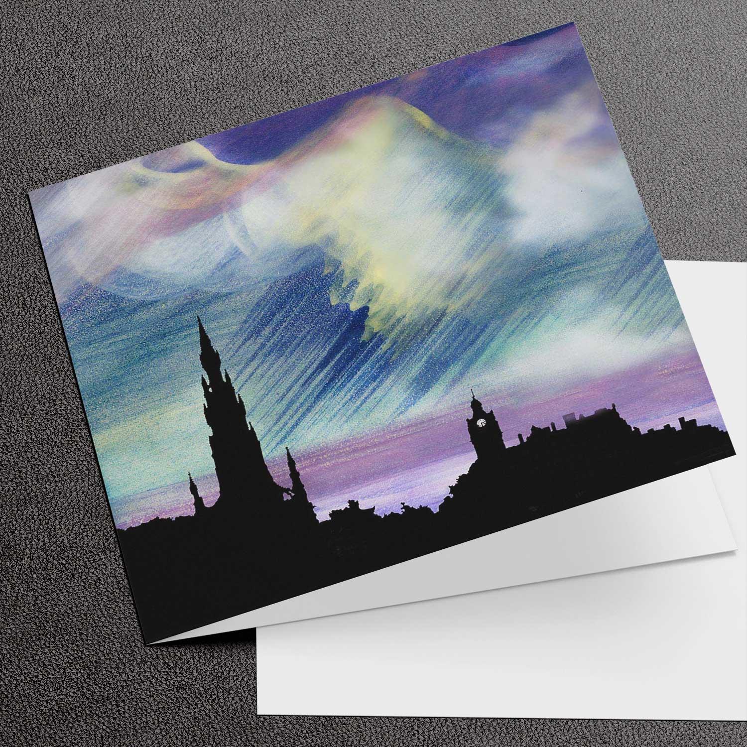 Purple Rain, Scott Monument, Edinburgh Greeting Card from an original painting by artist Esther Cohen