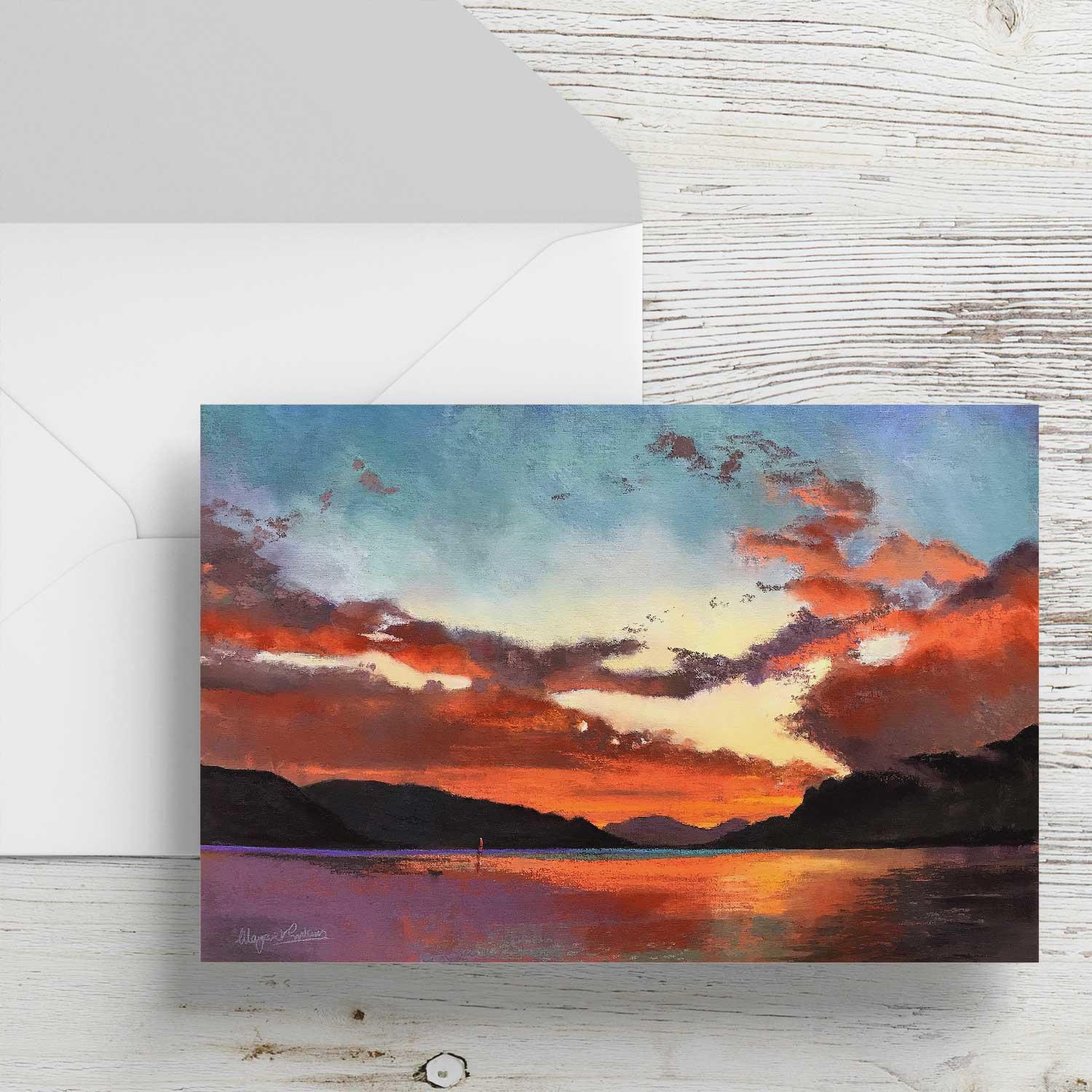 Red Sail at Sunset  Greeting Card from an original painting by artist Margaret Evans