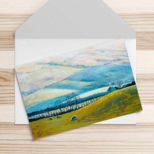 Sheep Farm, Ochils Greeting Card from an original painting by artist Margaret Evans