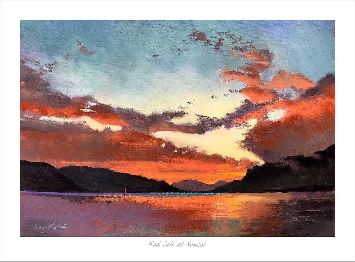Red Sail at Sunset Art Print from an original painting by artist Margaret Evans