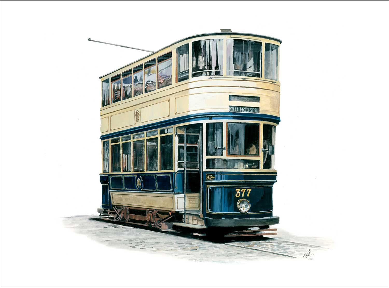 Sheffield Corporation Tramways “Rocker Panel” Car No 377. Built in 1919 by Brush at Loughborough Art Print from an original painted by artist Rod Harrison