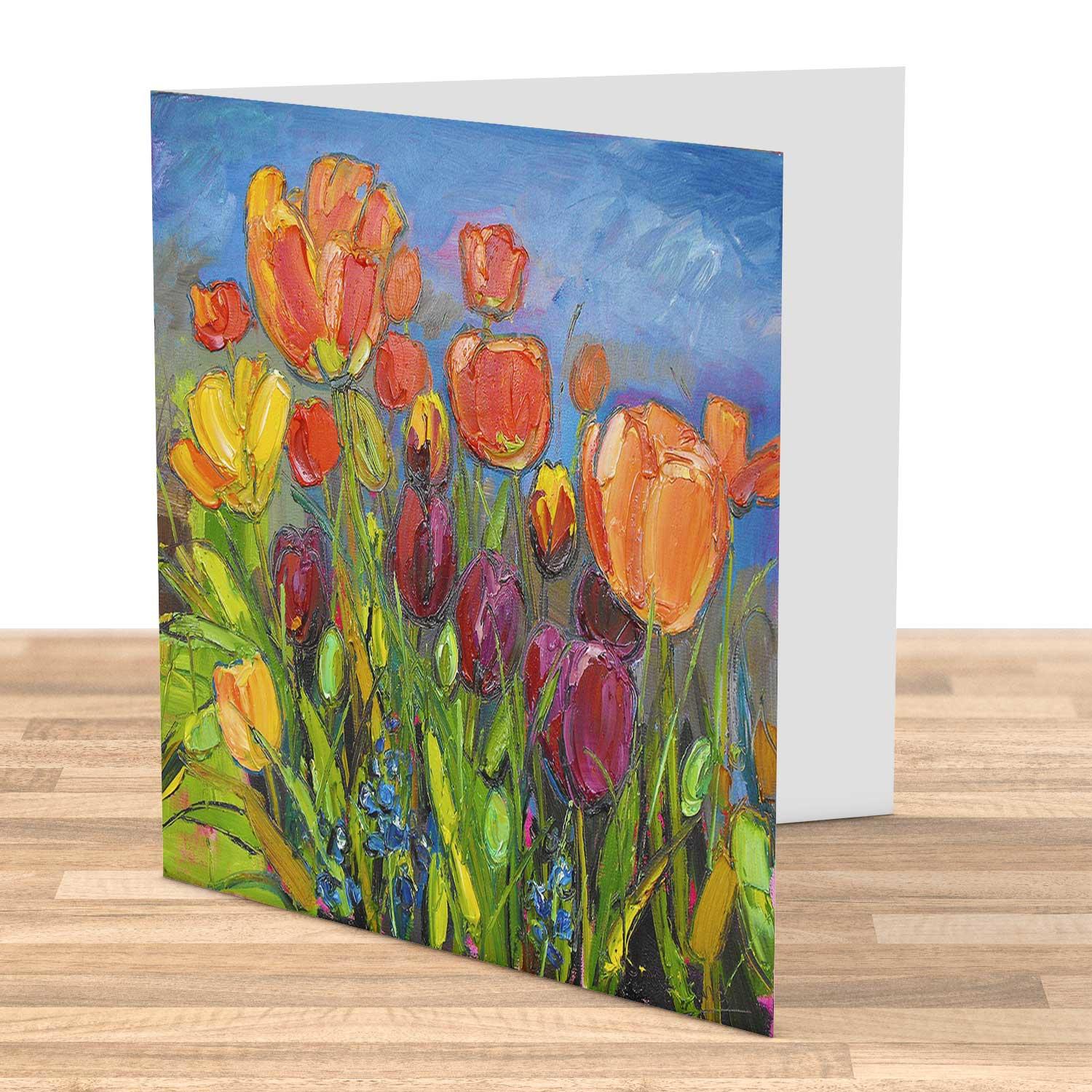 Blue Sky with Tulips Greeting Card from an original painting by artist Judith I Bridgland