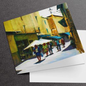 Shoppers, Lucca Greeting Card from an original painting by artist Margaret Evans