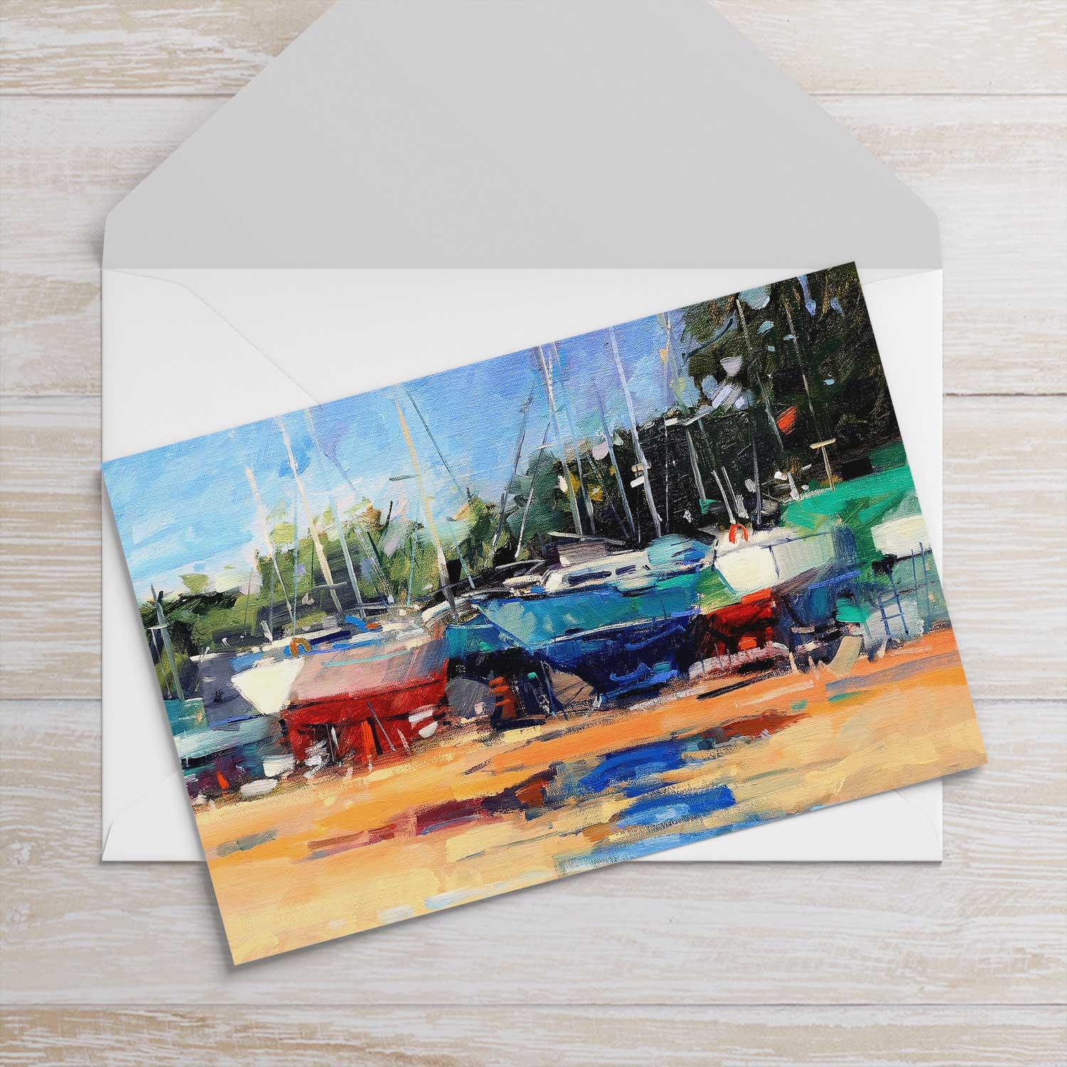Boatyard, Tighnabruaich Greeting Card from an original painting by artist Peter Foyle