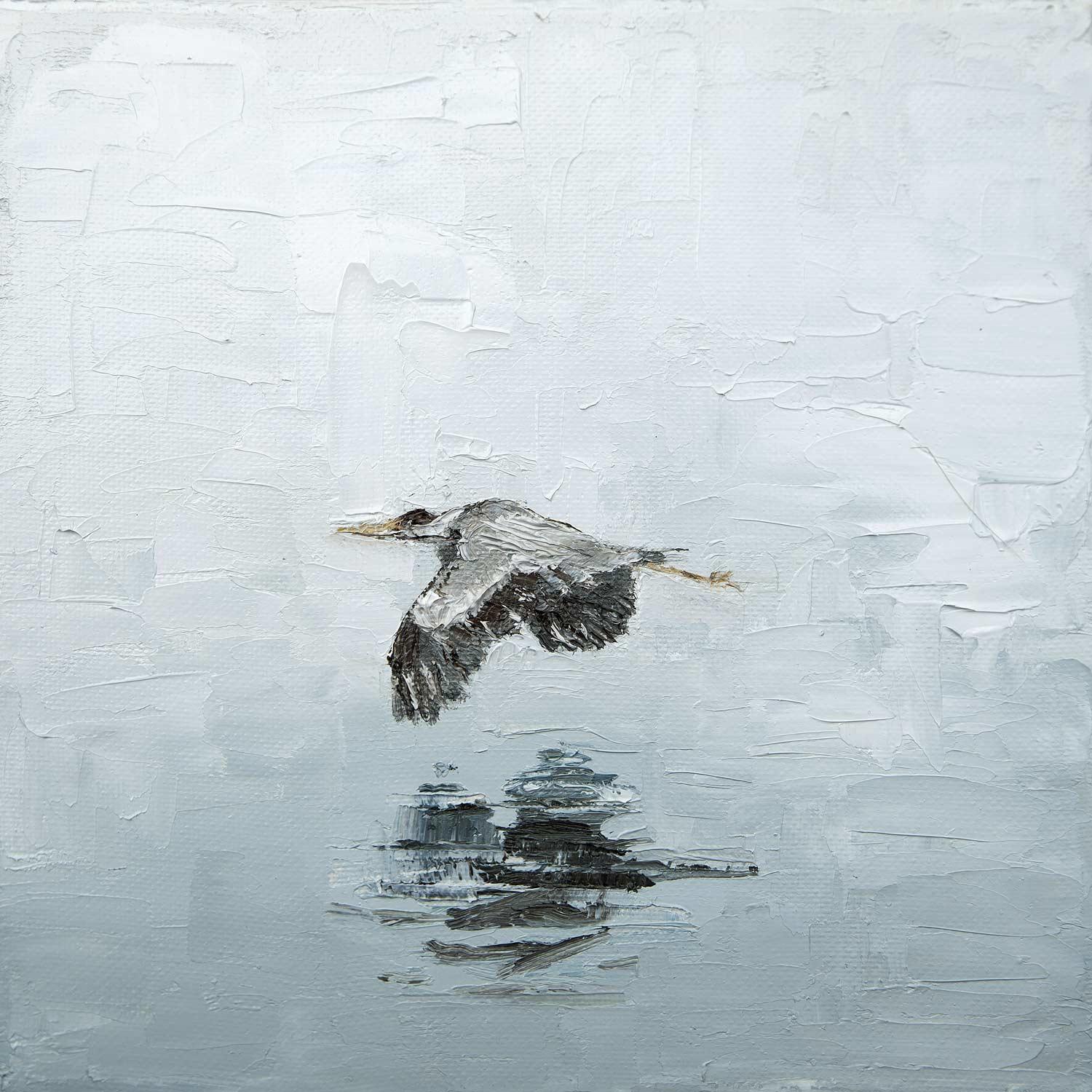 Heron over still waters by artist Charlotte Strawbridge