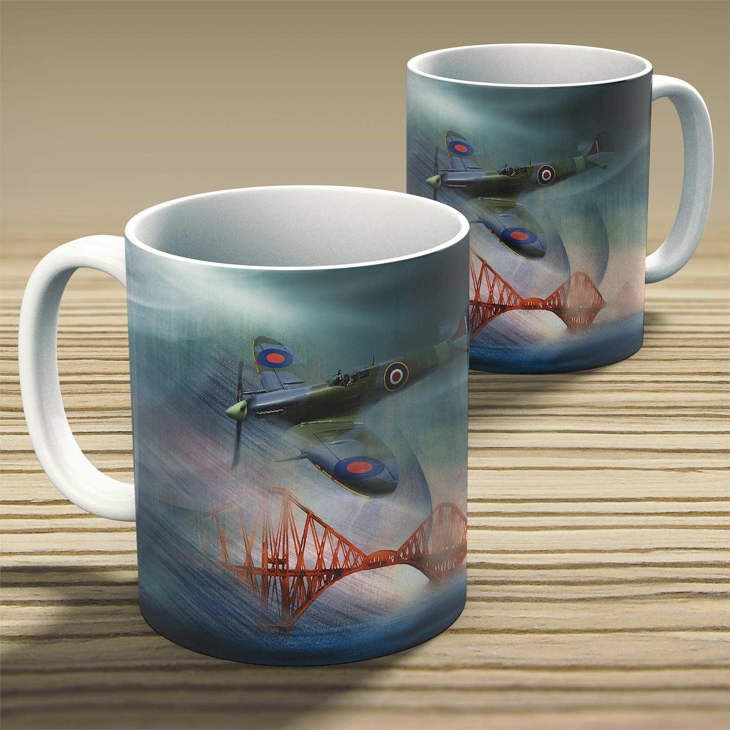 Spitfire Over Forth Bridge, Fife Mug from an original painting by artist Esther Cohen