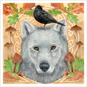 Wolf and Blackbird Art Print from an original painting by artist Marjory Tait