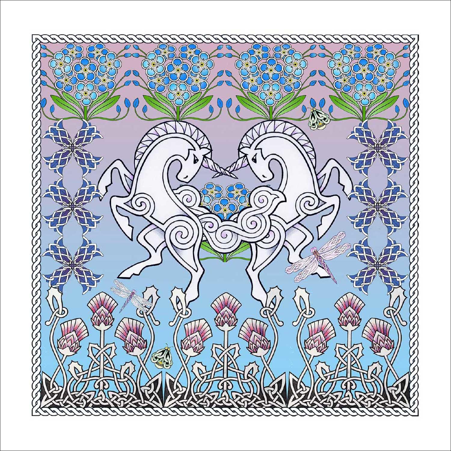Celtic Unicorns Art Print from an original painting by artist Marjory Tait