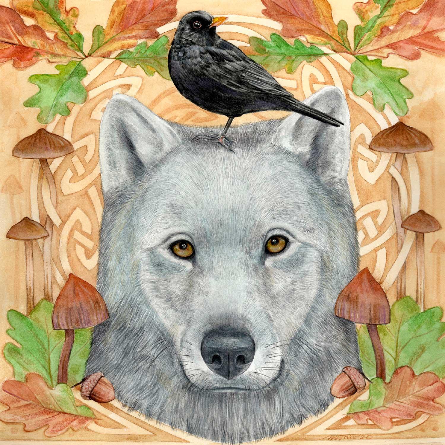Wolf and Blackbird by artist Marjory Tait