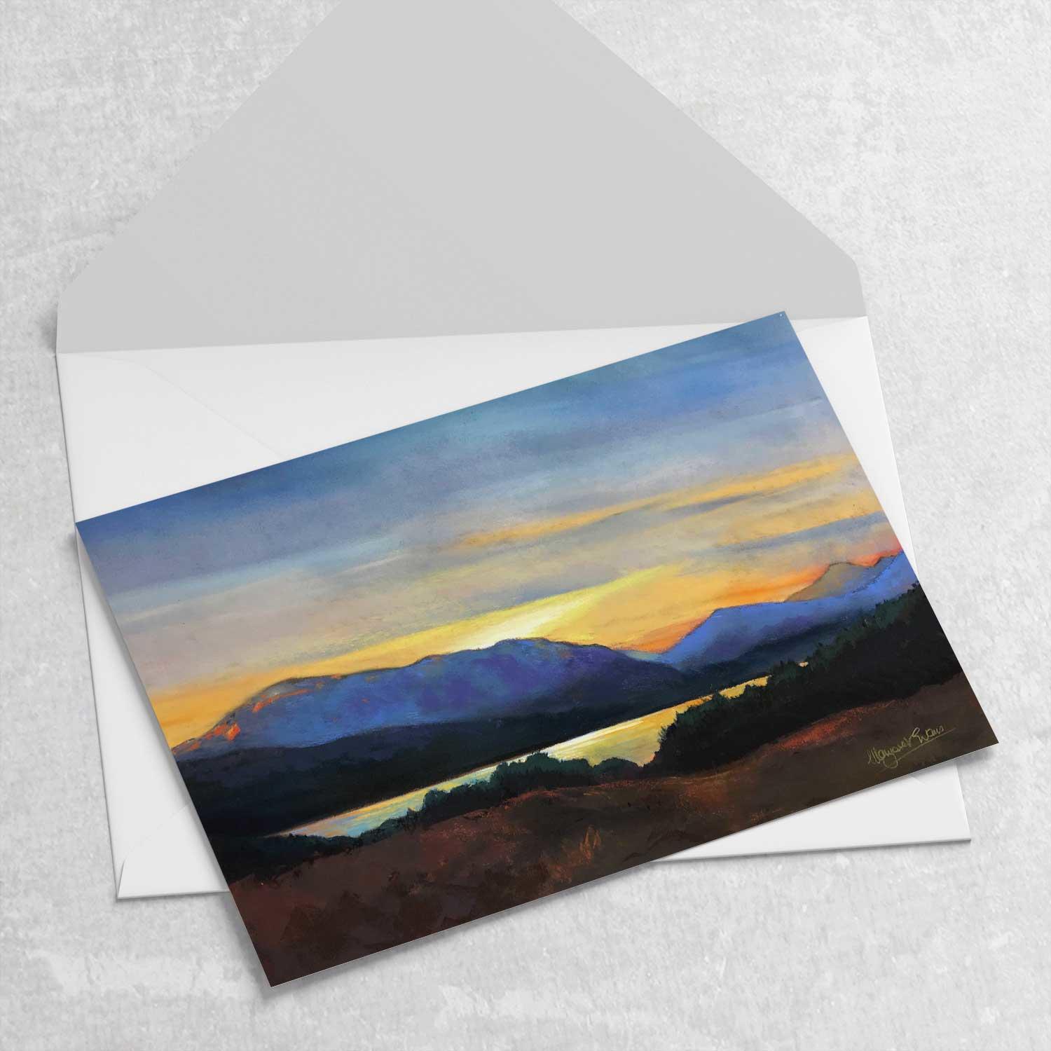 Sundown, Loch Tulla Greeting Card from an original painting by artist Margaret Evans