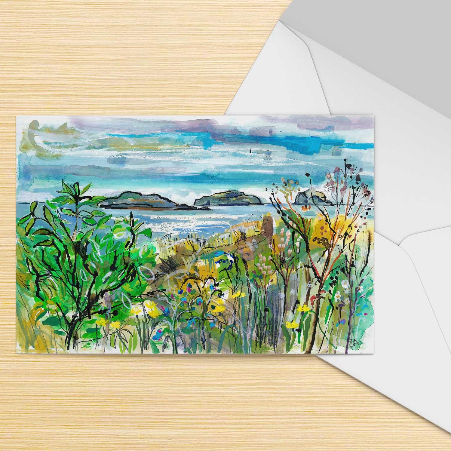 Yellowcraigs Beach, The Lamb, Craigleith Islands and the Bass Rock Greeting Card from an original painting by artist Clare Arbuthnott