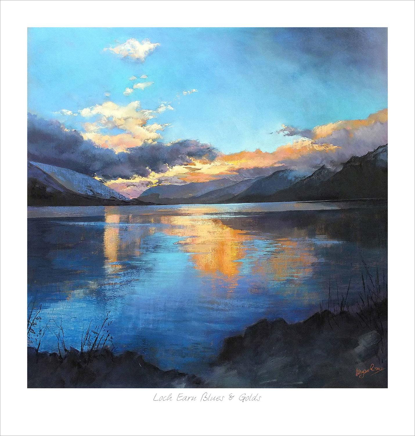 Loch Earns Blues and Golds Art Print from an original painting by artist Margaret Evans