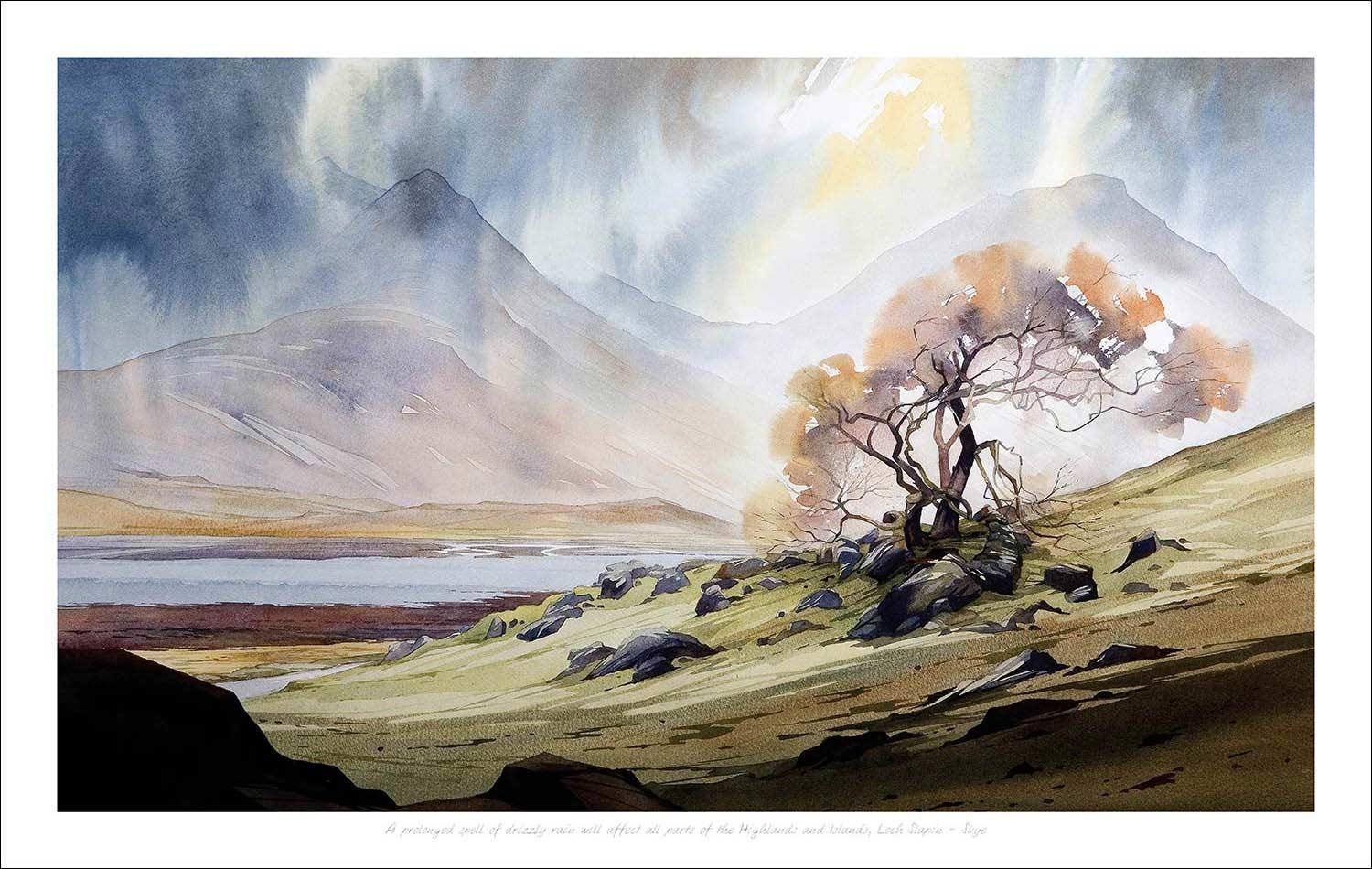 A prolonged spell of drizzly rain will affect all parts of the Highlands and Islands Art Print from an original painting by artist Peter McDermott