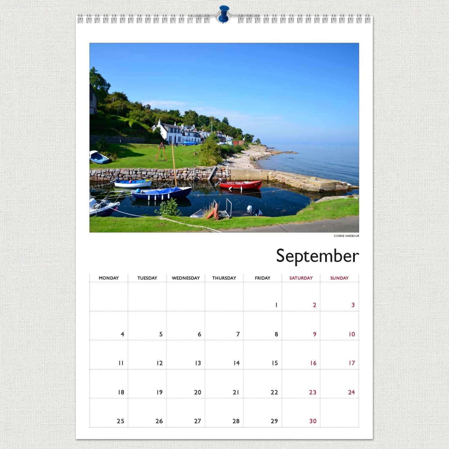 Inside Page of Arran 2023 Calendar featuring Corrie Harbour by Pauline Kemp