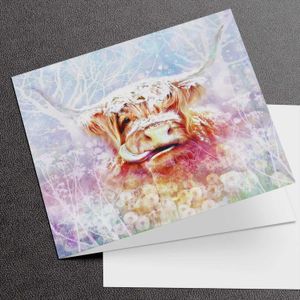 Christmas Highland Coo Greeting Card from an original painting by artist Lee Scammacca
