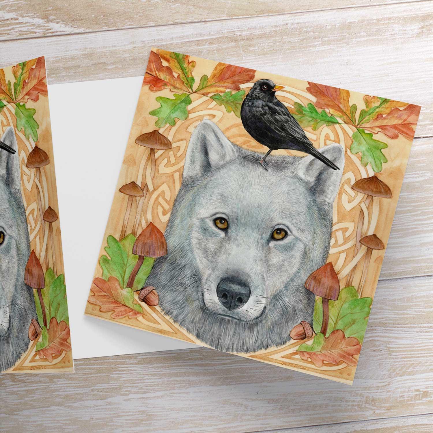 Wolf and Blackbird Greeting Card from an original painting by artist Marjory Tait