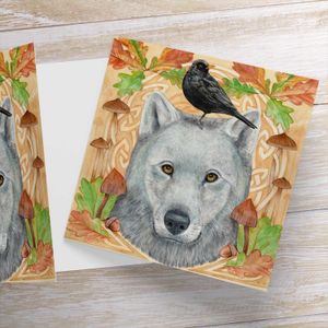 Wolf and Blackbird Greeting Card from an original painting by artist Marjory Tait