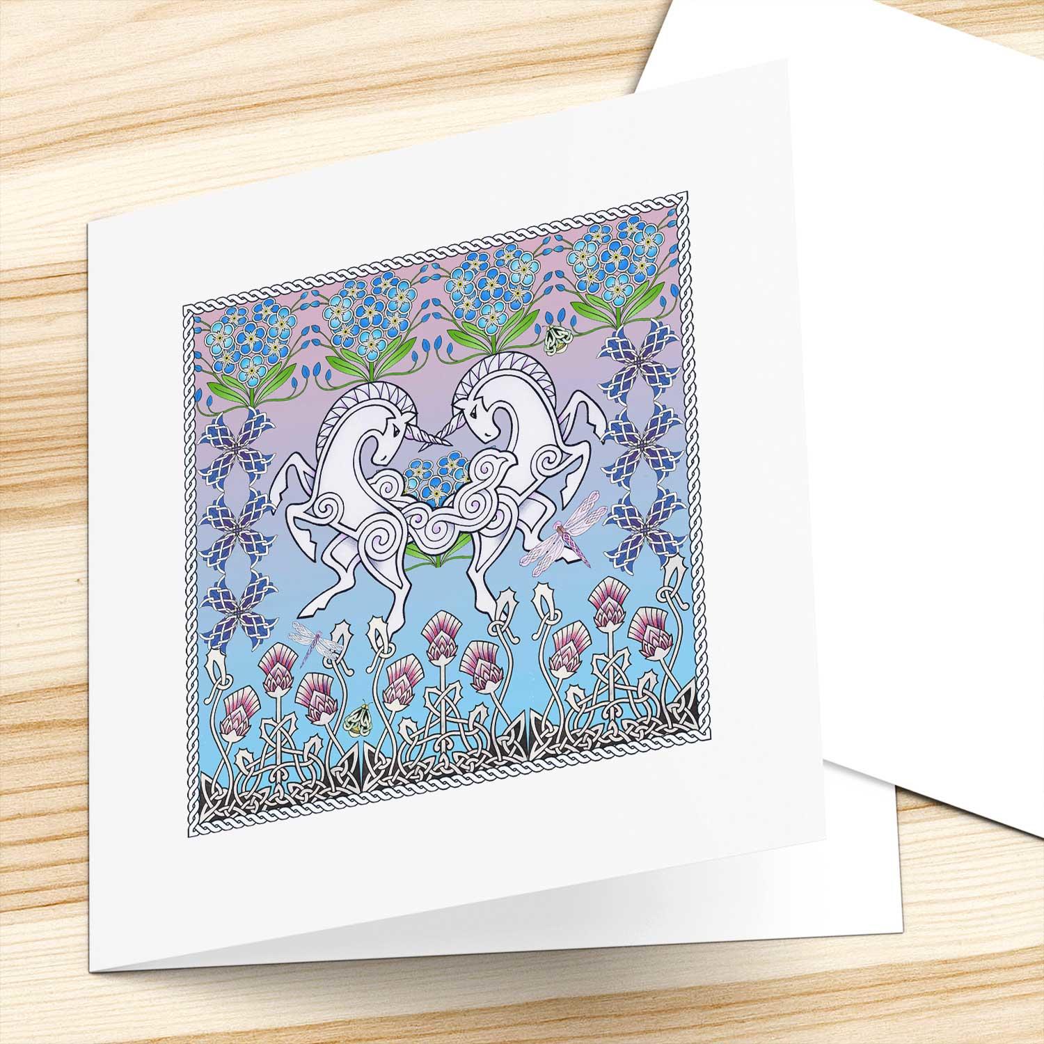 Celtic Unicorns Greeting Card from an original painting by artist Marjory Tait