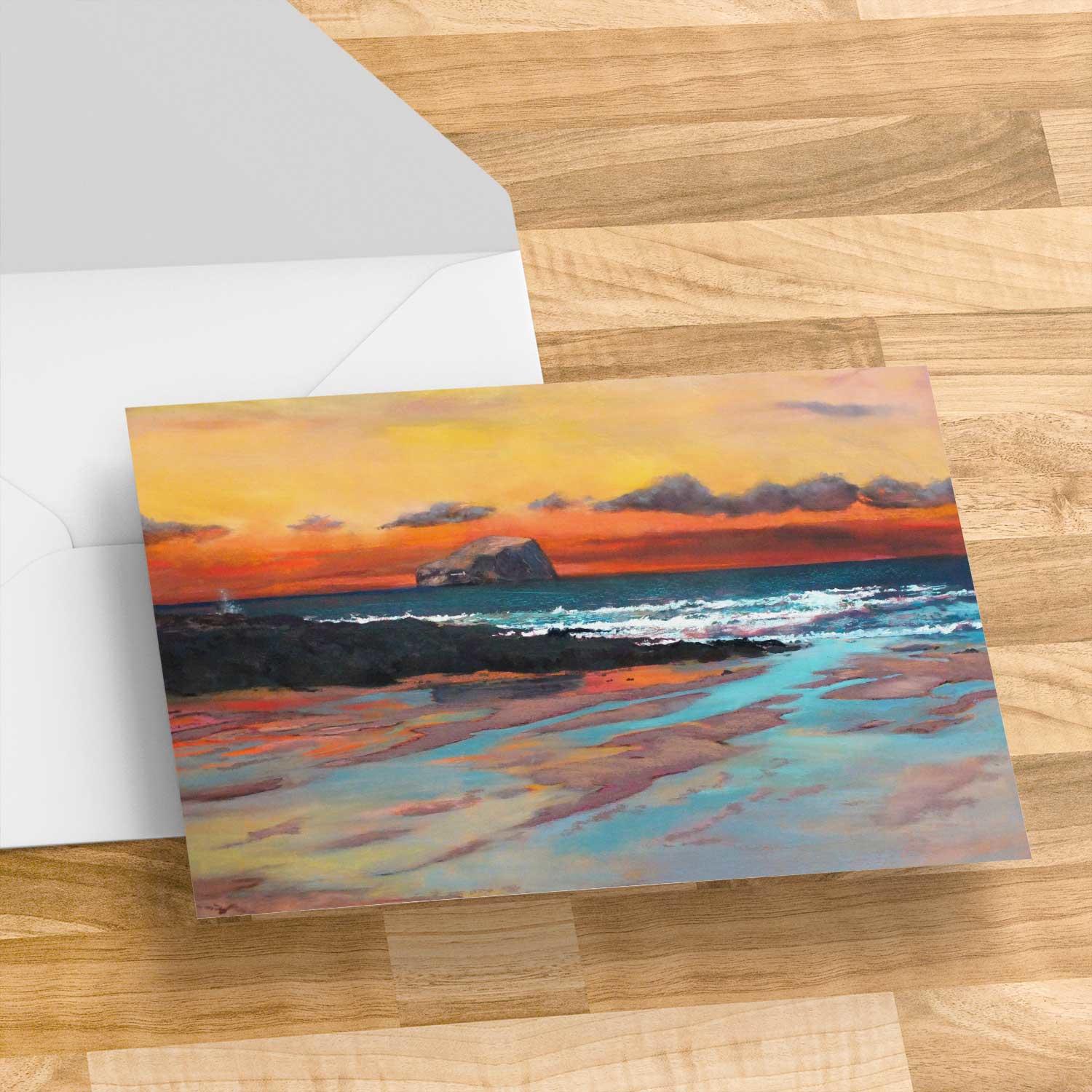 Bathed in Gold, Bass Rock  Greeting Card from an original painting by artist Margaret Evans