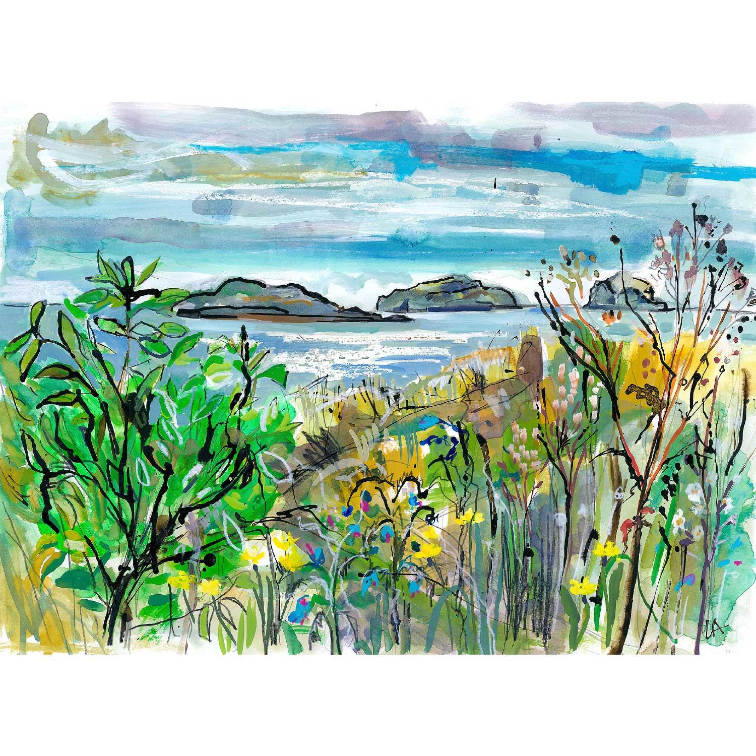 Yellowcraigs Beach, The Lamb, Craigleith Islands and the Bass Rock by Clare Arbuthnott