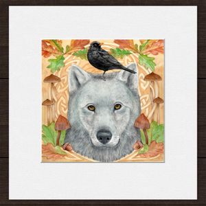 Wolf and Blackbird Mounted Card from an original painting by artist Marjory Tait