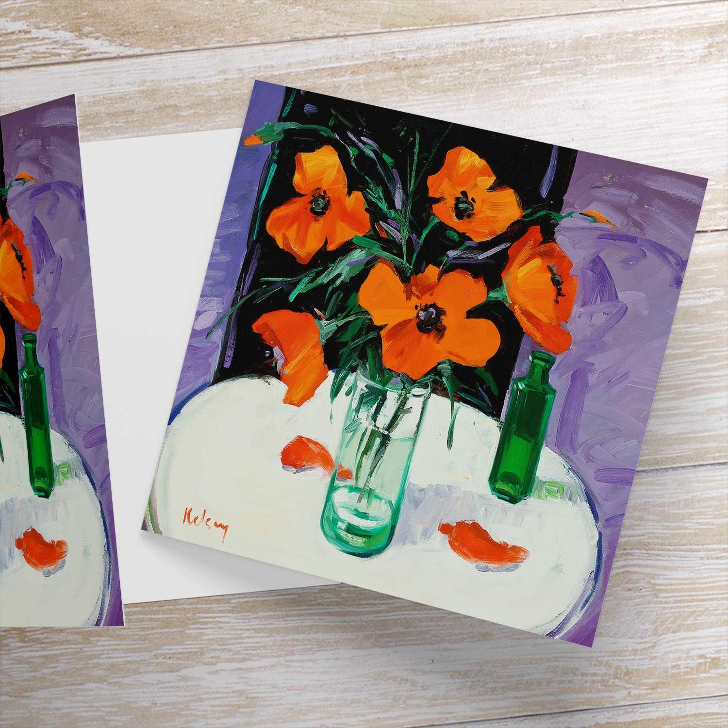 Poppies and a Green Bottle Greeting Card from an original painting by artist Robert Kelsey
