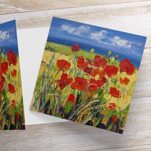 Corn Poppies with Blue Flowers Greeting Card from an original painting by artist Judith I Bridgland