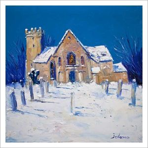 Heavy Snowfall, Cramond Kirk Art Print from an original painting by artist John Lowrie Morrison (Jolomo)