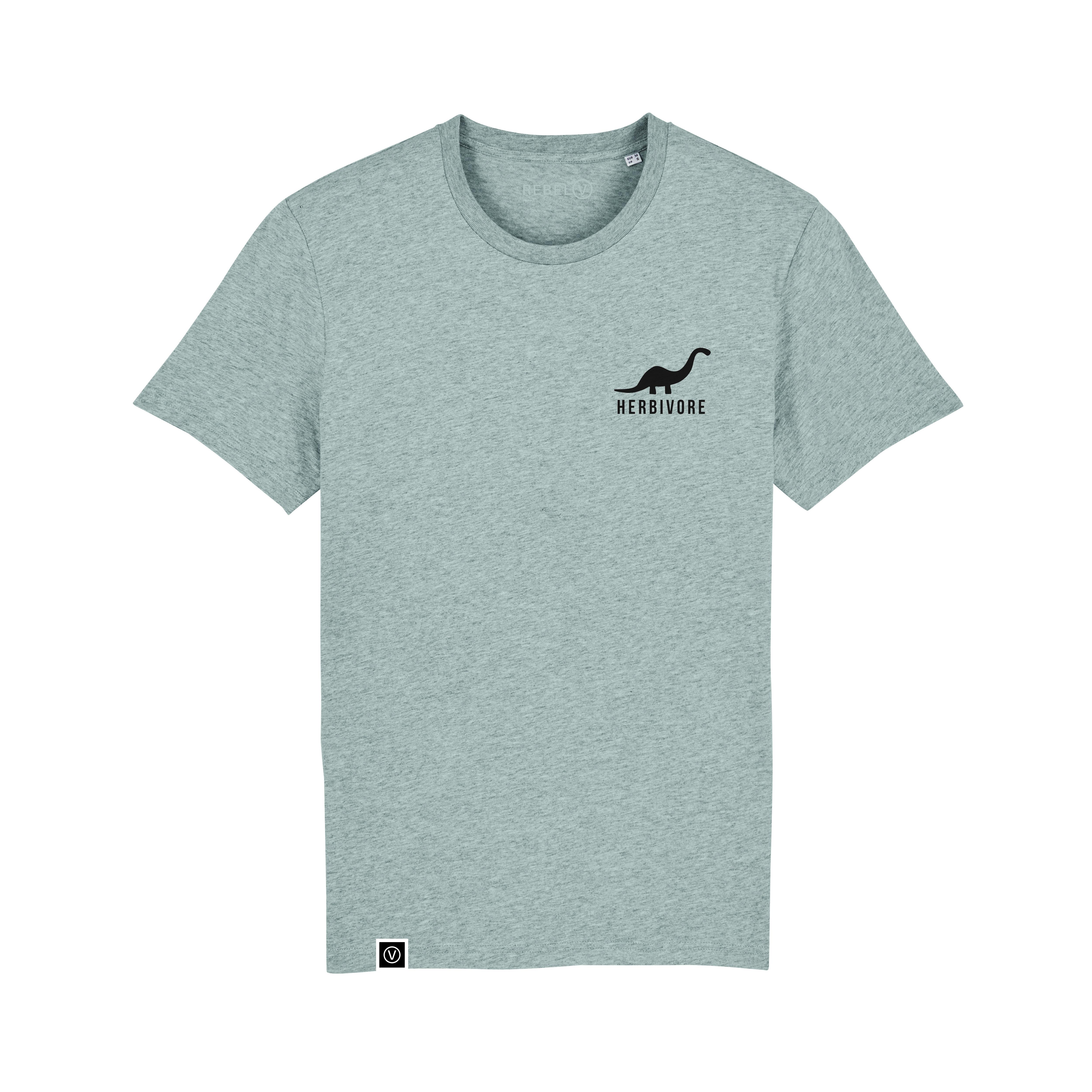 Heather grey t-shirt on a white background. Black dinosaur on left chest with the word herbivore in black underneath. Small white square label on bottom right hem with a white V in a white circle on a black background.