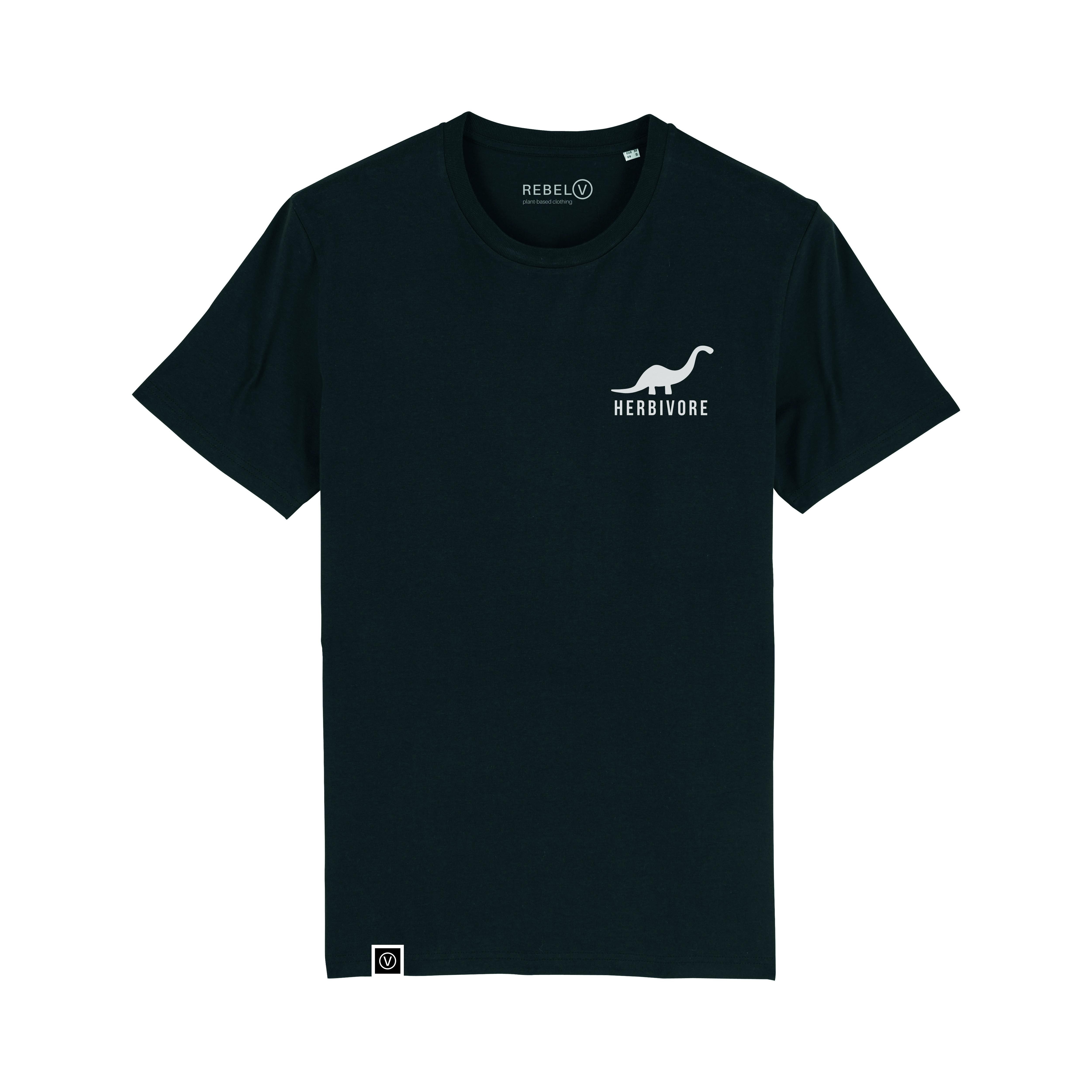 Black t-shirt on a white background. White dinosaur on left chest with the word herbivore in white underneath. Small white square label on bottom right hem with a white V in a white circle on a black background.