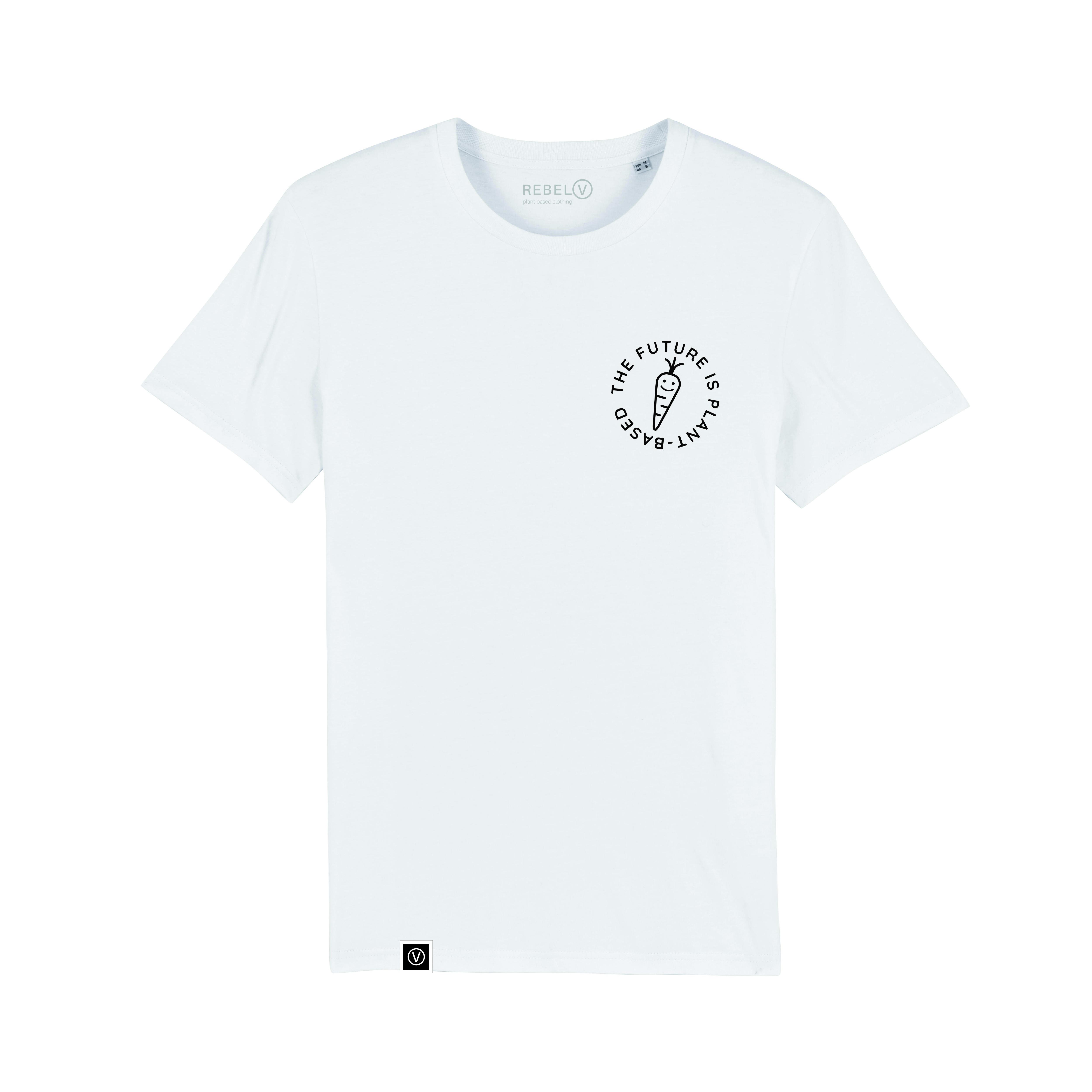 White t-shirt on a white background. Black outline image of a carrot with a smiley face on left chest with the words the future is plant based going round the outside. Small white square label on bottom right hem with a white V in a white circle on a black background.