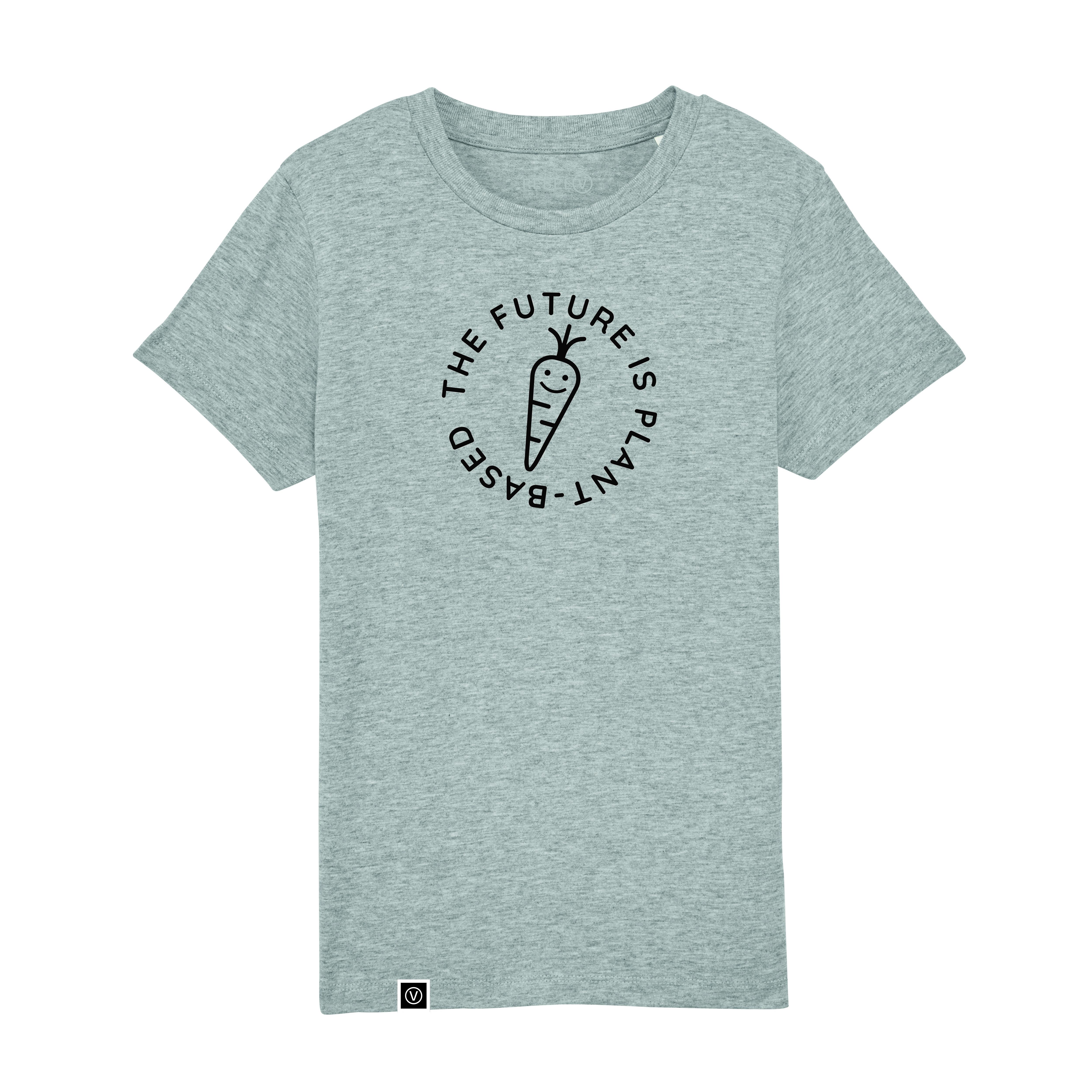 Heather grey t-shirt on a white background. Black outline image of a carrot with a smiley face on centre chest with the words the future is plant based going round the outside. Small white square label on bottom right hem with a white V in a white circle on a black background.