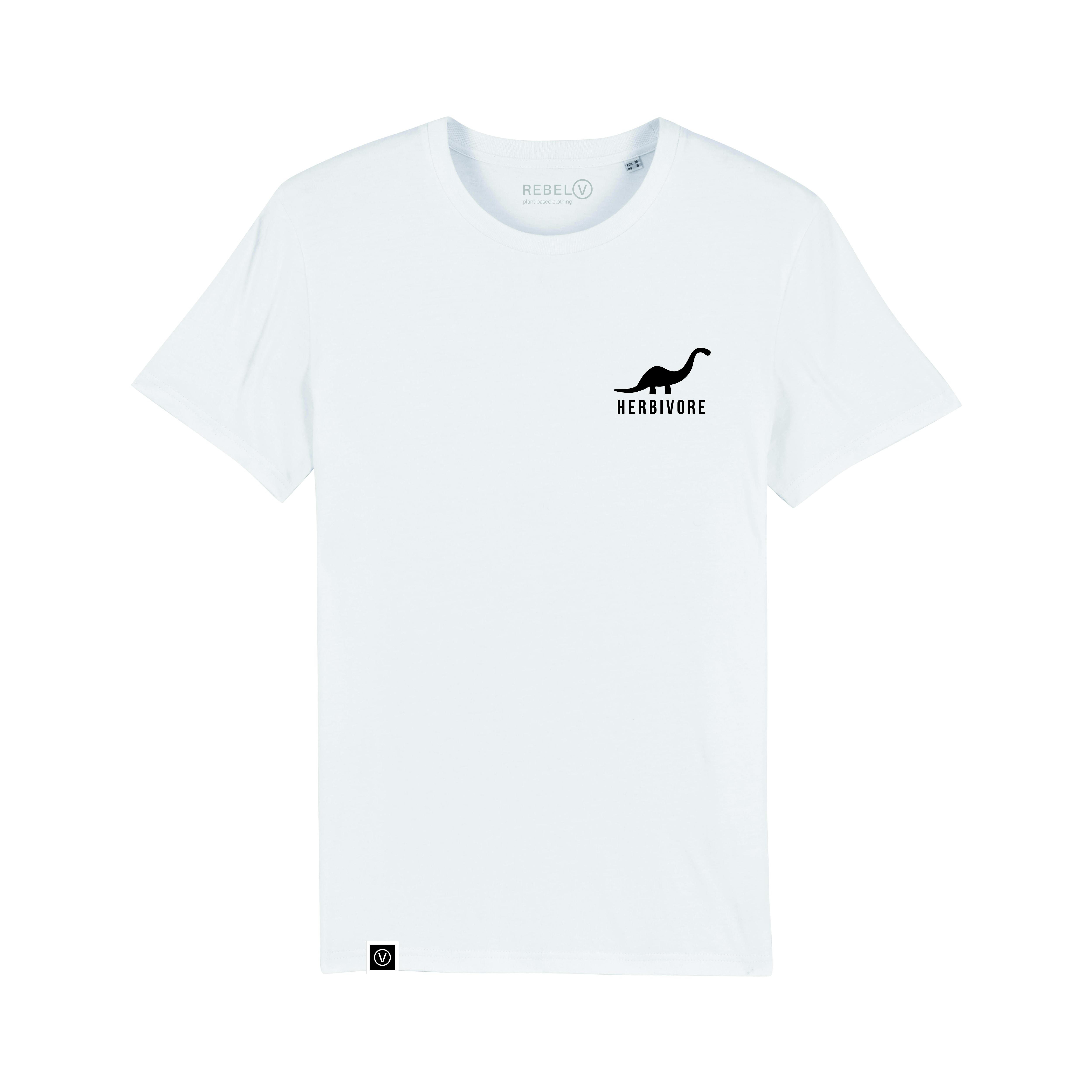 White t-shirt on a white background. Black dinosaur on left chest with the word herbivore underneath. Small white square label on bottom right hem with a white V in a white circle on a black background.