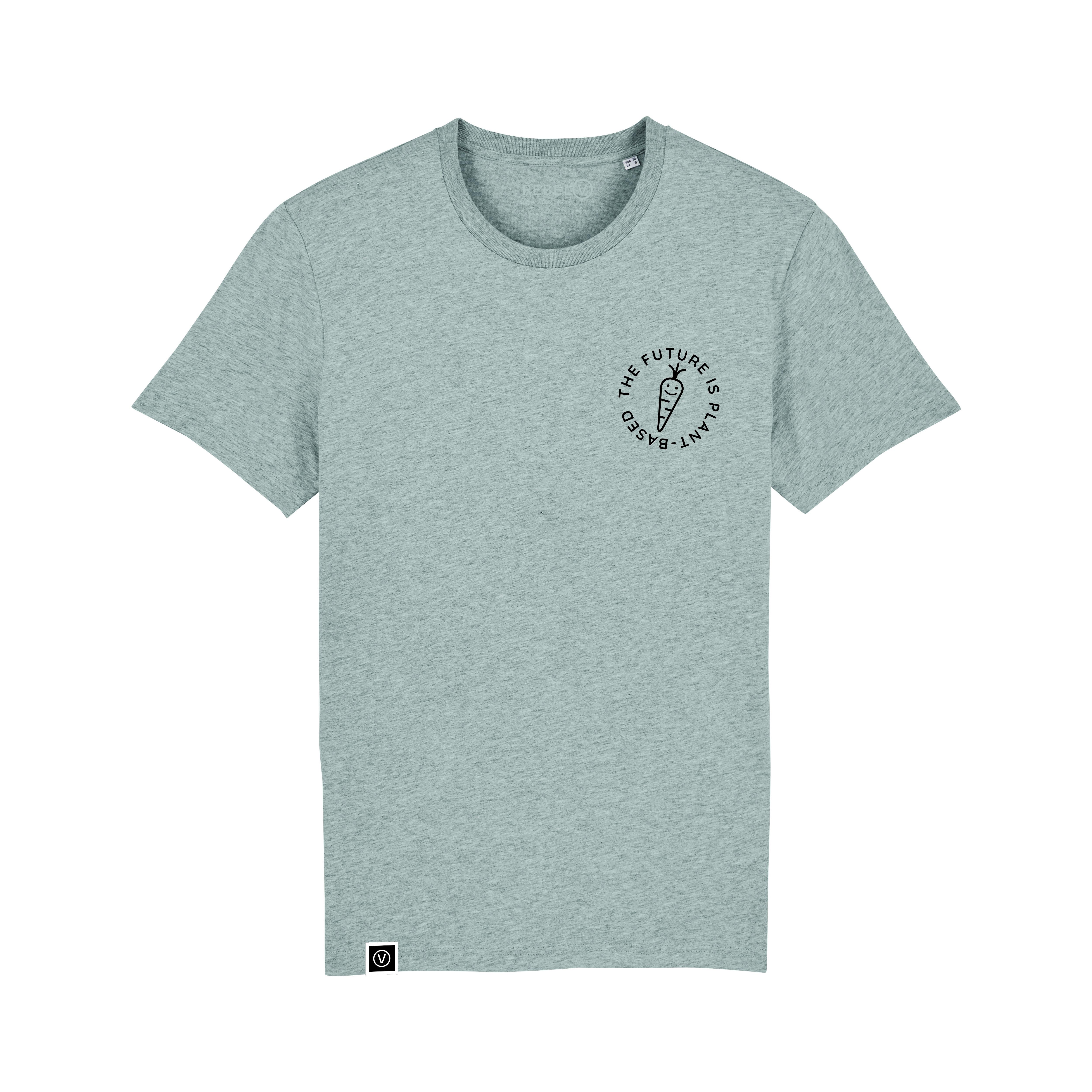 Heather grey t-shirt on a white background. Black outline image of a carrot with a smiley face on left chest with the words the future is plant based going round the outside. Small white square label on bottom right hem with a white V in a white circle on a black