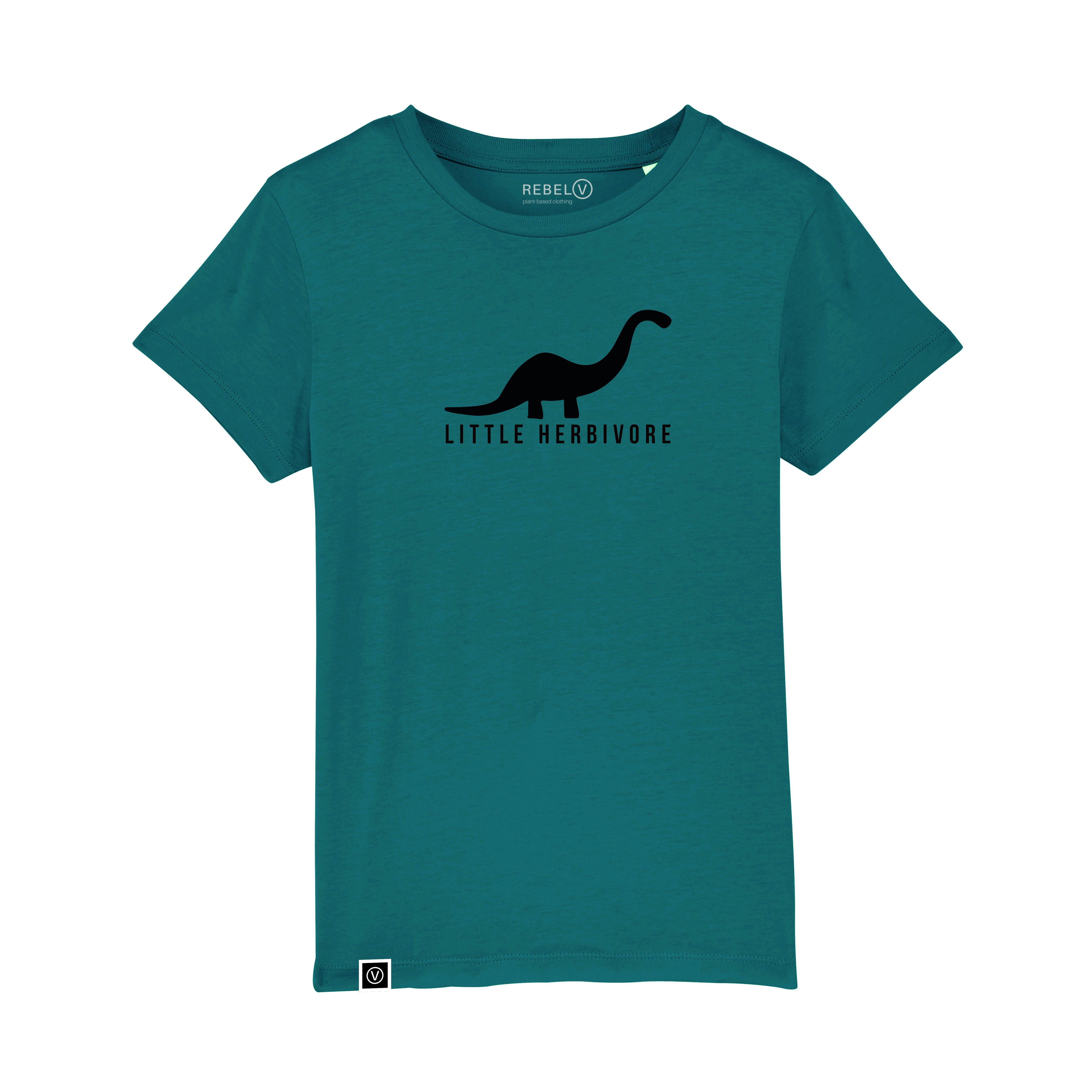 Turquoise t-shirt on a white background. Black dinosaur on centre chest with the word little herbivore in black underneath. Small white square label on bottom right hem with a white V in a white circle on a black background.