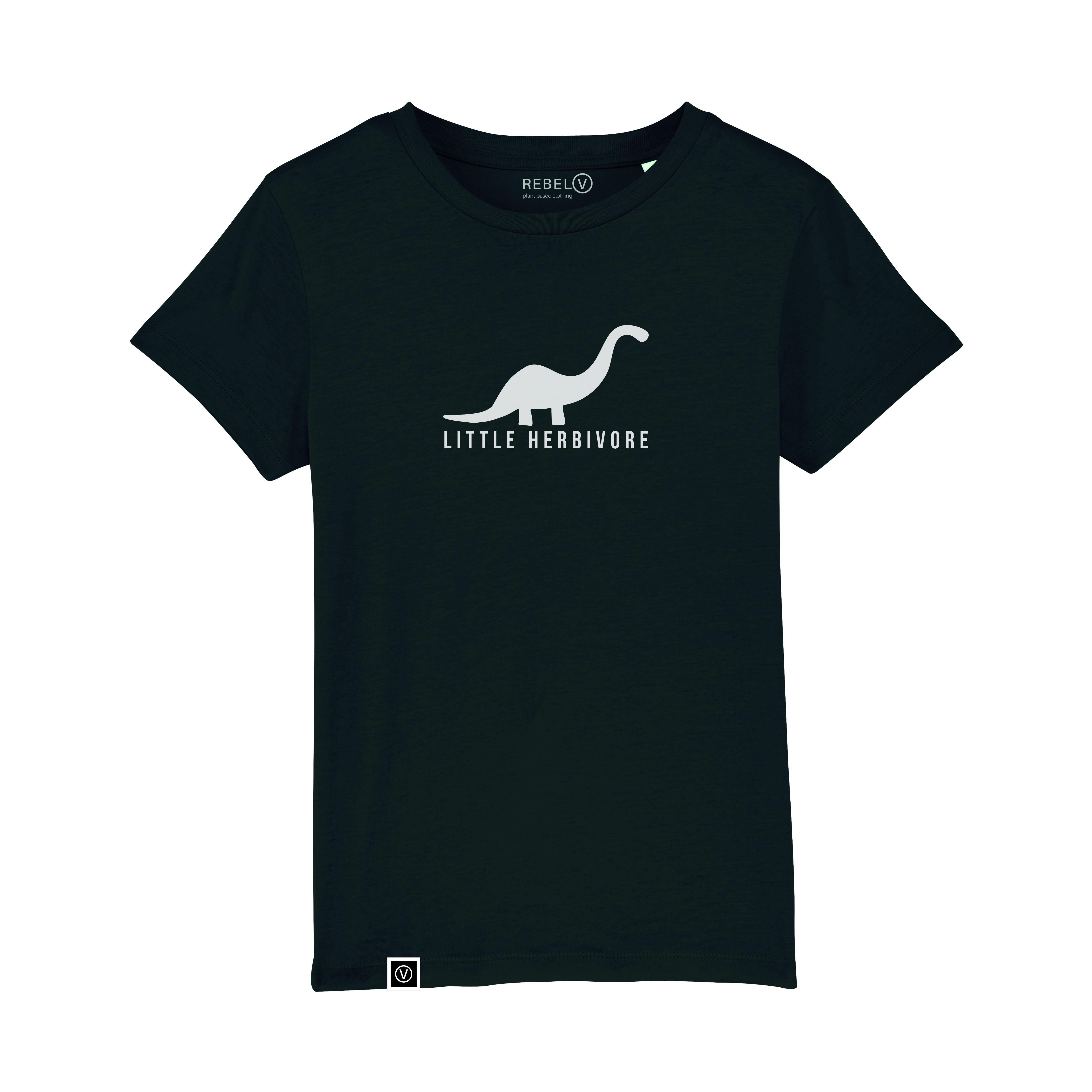 Black t-shirt on a white background. White dinosaur on centre chest with the word little herbivore in white underneath. Small white square label on bottom right hem with a white V in a white circle on a black background