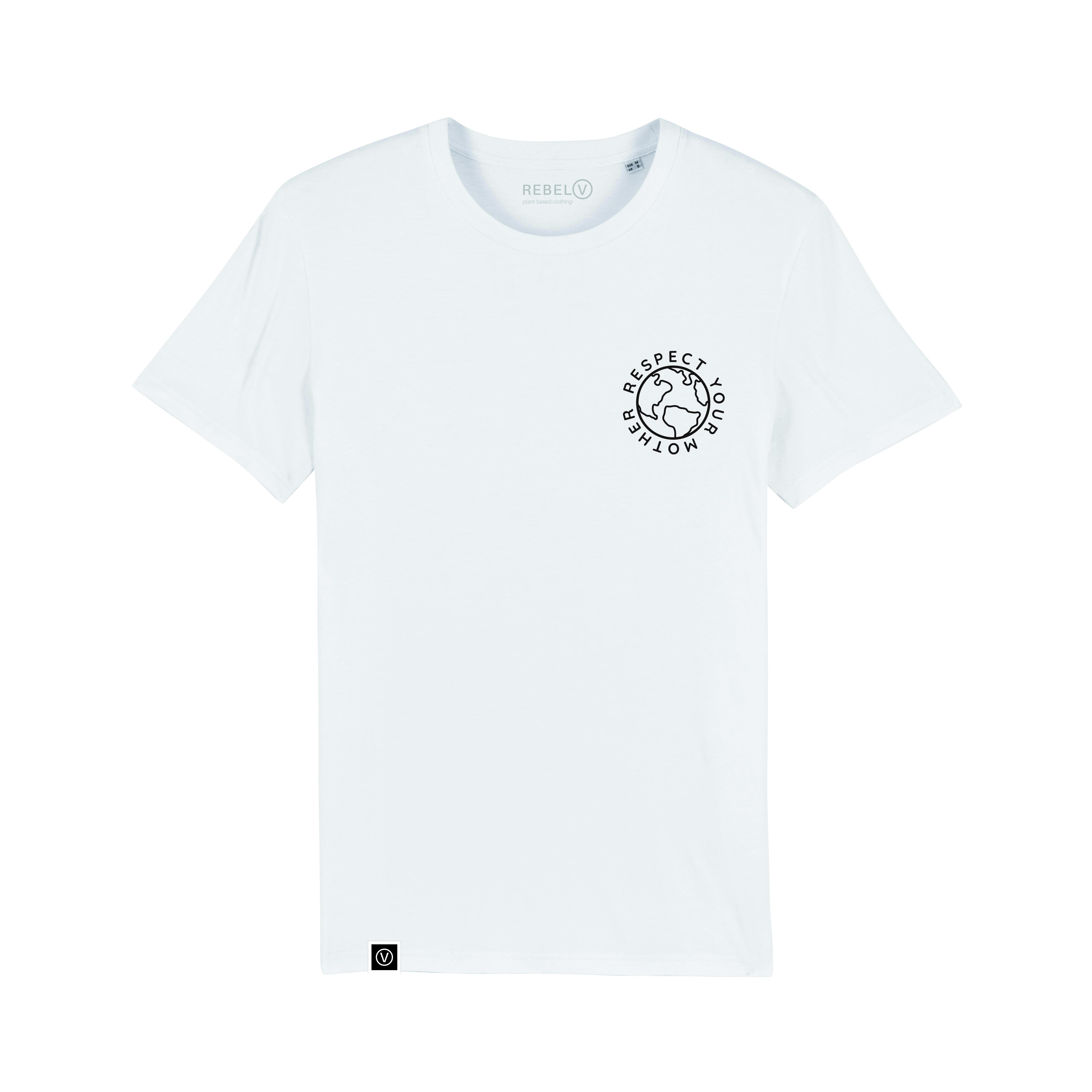 White t-shirt on a white background. Black outline image of the Earth on left chest with the words respect your mother going round the outside. Small white square label on bottom right hem with a white V in a white circle on a black background.